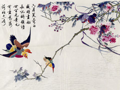 白缎绣芙蓉翠鸟图挂屏