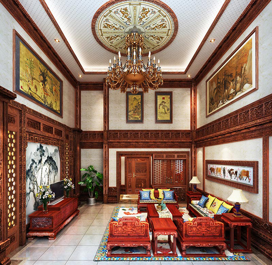 家装的大气典而又华丽,优雅,百年不坏的红木装饰及墙壁搭配的漆画和