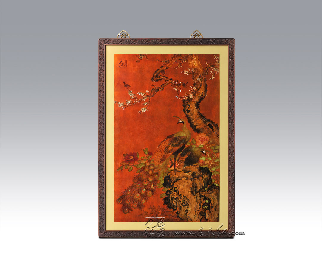 杏花孔雀-漆画-连天红(福建)家具有限公司